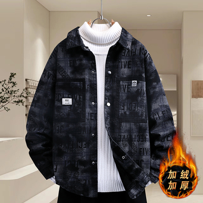 加绒加厚翻领牛仔夹克男高级感痞帅休闲外套秋冬季青少年学生上衣