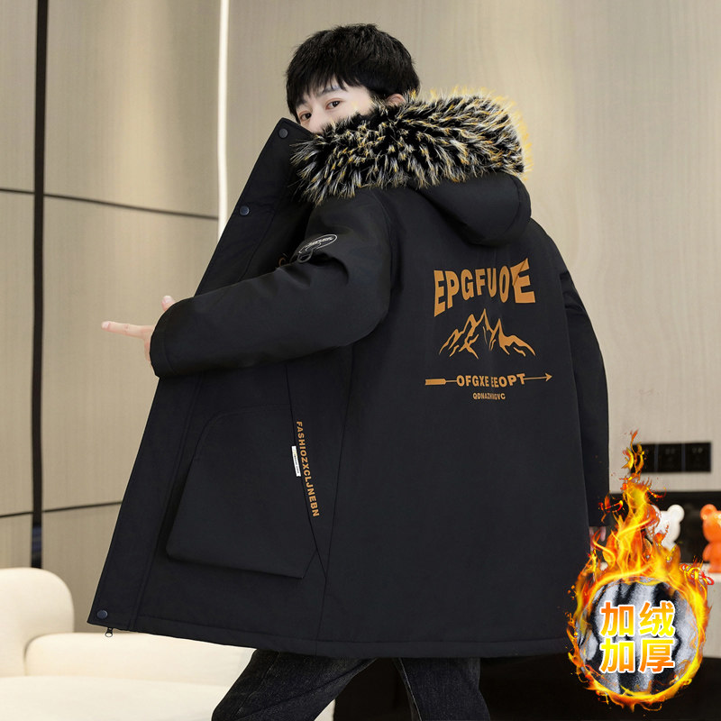 休闲中长款棉服男孩青少年冬季加绒加厚棉衣外套初高中学生派克服