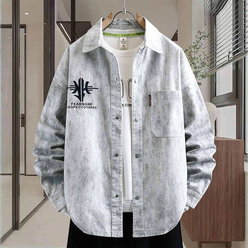 水洗扎染刺绣牛仔外套男春秋季青少年长袖衬衫高级感痞帅翻领夹克