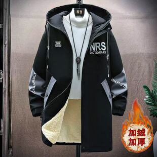 加绒加厚中长款外套男秋冬季韩版潮休闲夹克初高中学生棉衣派克服