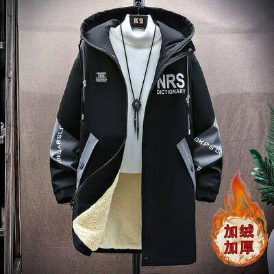 加绒加厚中长款外套男秋冬季韩版潮休闲夹克初高中学生棉衣派克服