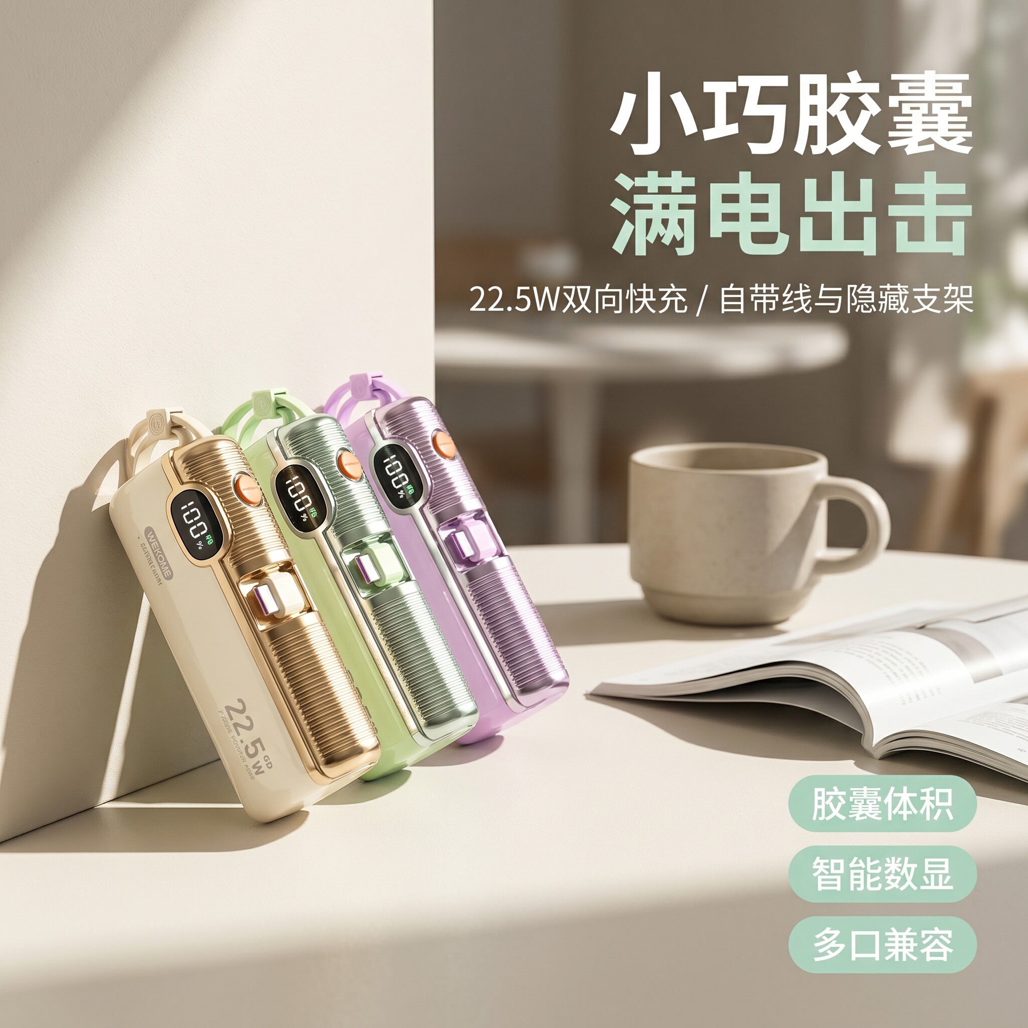 日本胶囊充电宝超薄自带线支架