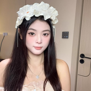 發飾lolita拍照 可愛米色蝴蝶結蕾絲發箍女高級感頭箍洛麗塔新款