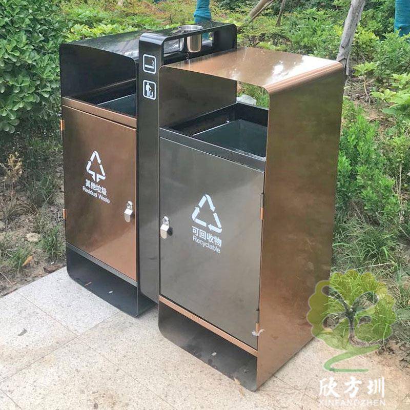 户外城市小区市政街道电镀两连体不锈钢分类垃圾桶高档金属回收箱