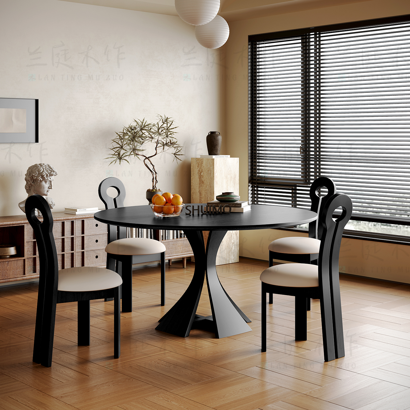 法式奶油复古风实木德利丰岩板家用黑色窈窕饭桌胡桃色圆餐桌椅子