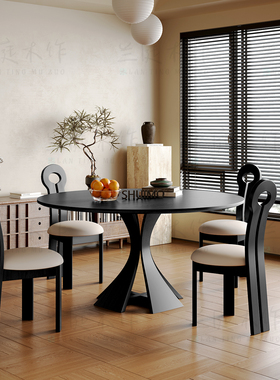 法式奶油复古风实木德利丰岩板家用黑色窈窕饭桌胡桃色圆餐桌椅子