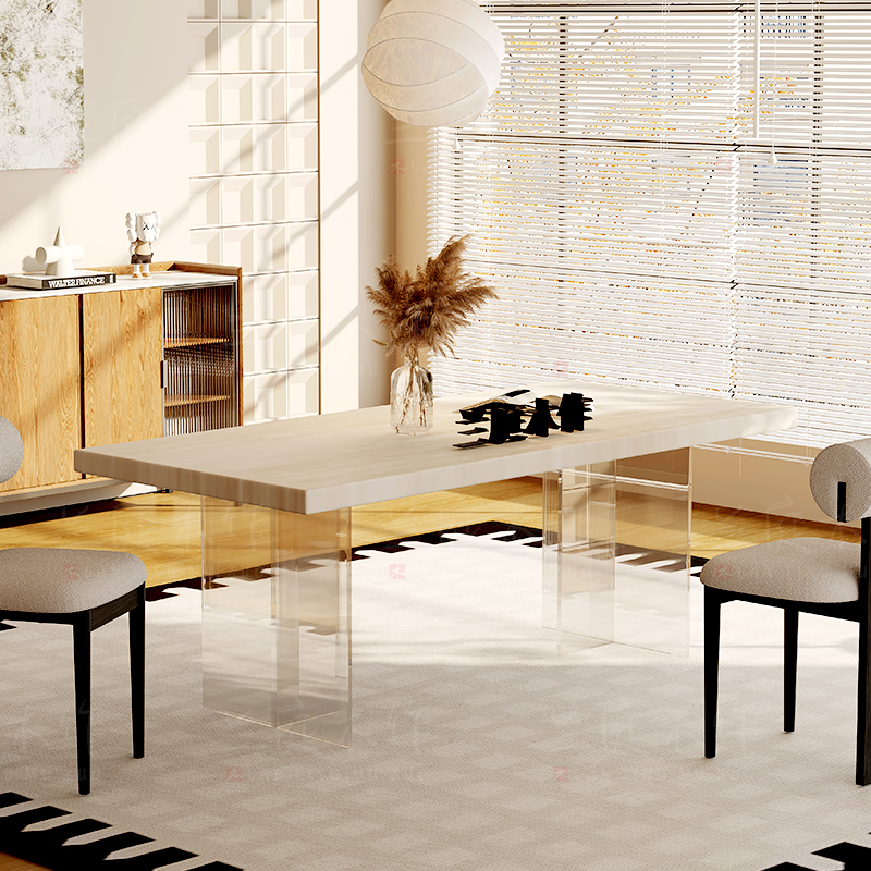亚克力岩板洞石法式餐桌家用小户型轻奢奶油半圆长方形餐桌子客厅