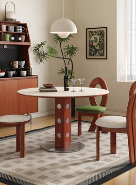 德利丰岩板洞石桌中古圆桌复古金属腿圆形餐桌法式包豪斯实木饭桌