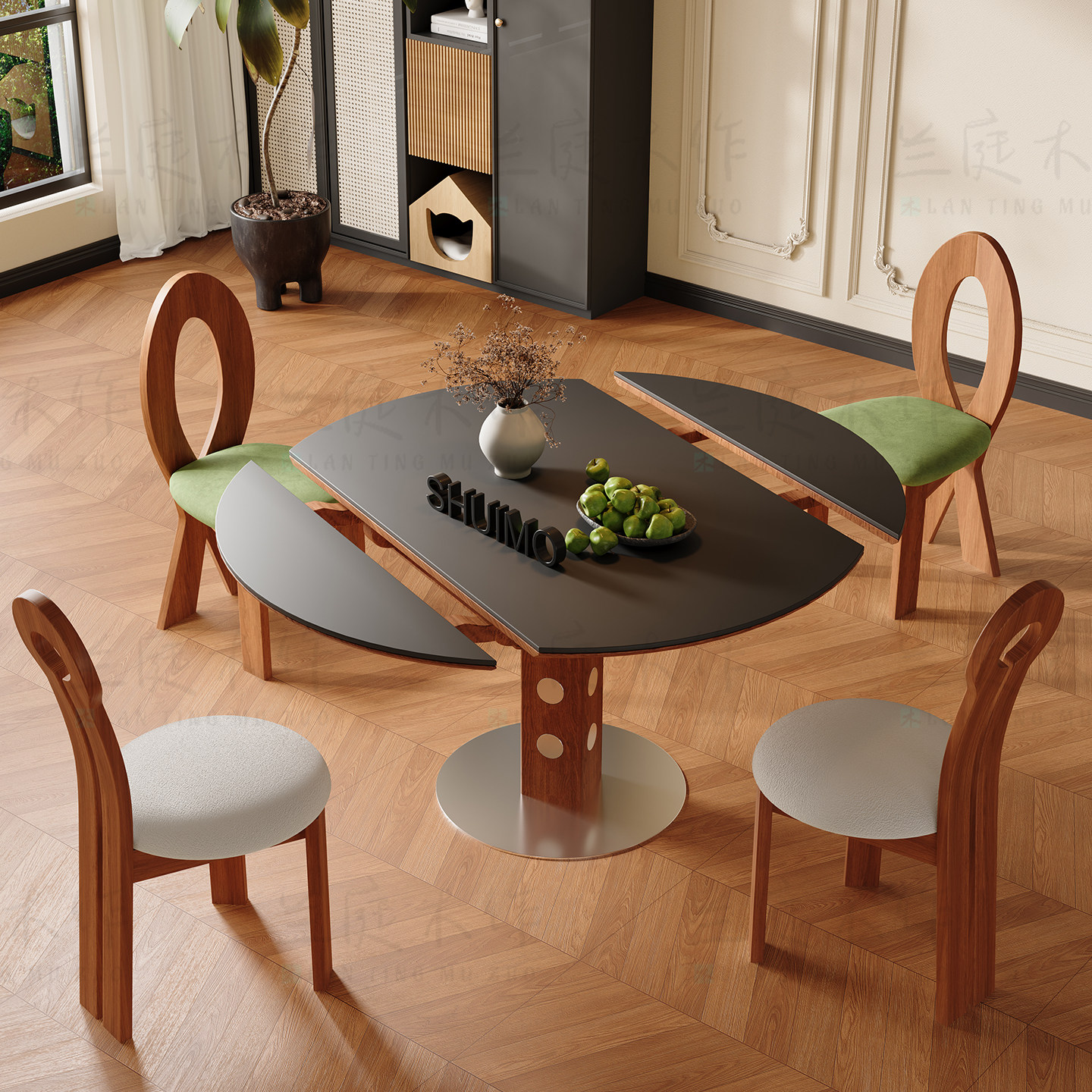 德利丰洞石岩板伸缩餐桌家用小户型实木包豪斯折叠桌方圆两用饭桌