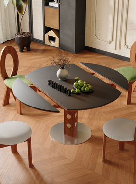 德利丰洞石岩板伸缩餐桌家用小户型实木包豪斯折叠桌方圆两用饭桌