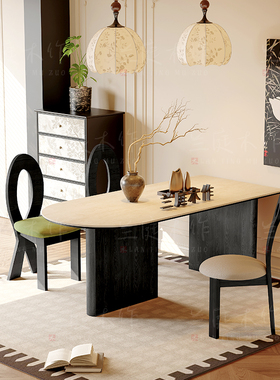 中古风岩板洞石法式餐桌家用小户型轻奢奶油半圆半岛形餐桌子客厅