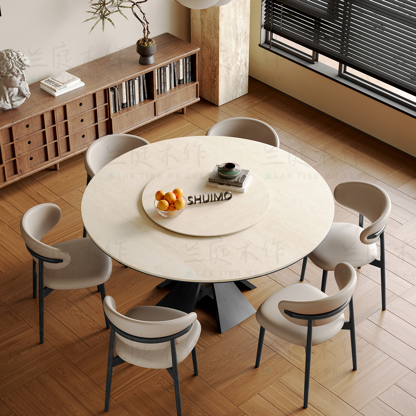法式奶油复古风实木德利丰岩板家用黑色窈窕饭桌胡桃色圆餐桌椅子