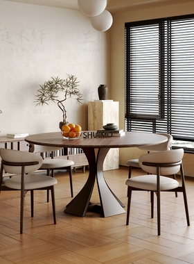 法式奶油复古风实木德利丰岩板家用黑色窈窕饭桌胡桃色圆餐桌椅子