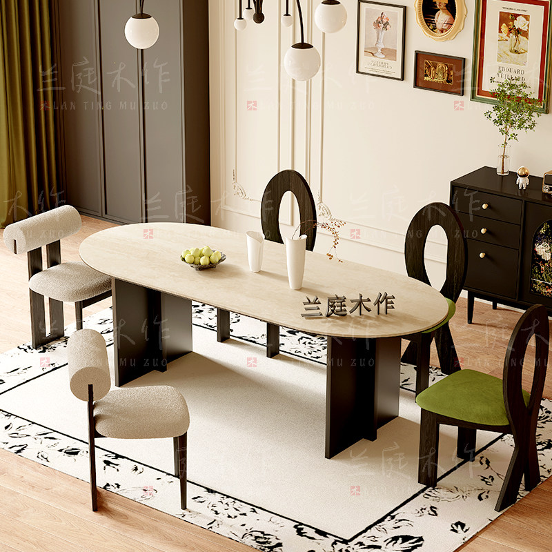 中古风岩板洞石法式餐桌家用小户型轻奢奶油半圆椭圆形餐桌子客厅,住宅家具,岩板餐桌,淘宝优惠券,粉丝福利购,淘宝优惠卷