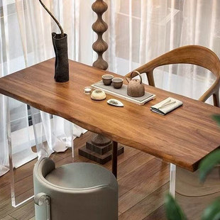 现代简约实木大板茶桌家用长方形亚克力腿阳台泡茶桌茶台桌椅组合