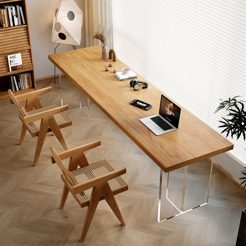 亚克力实木悬浮餐桌椅小户型原木风客厅书桌电脑桌长方形吃饭桌子
