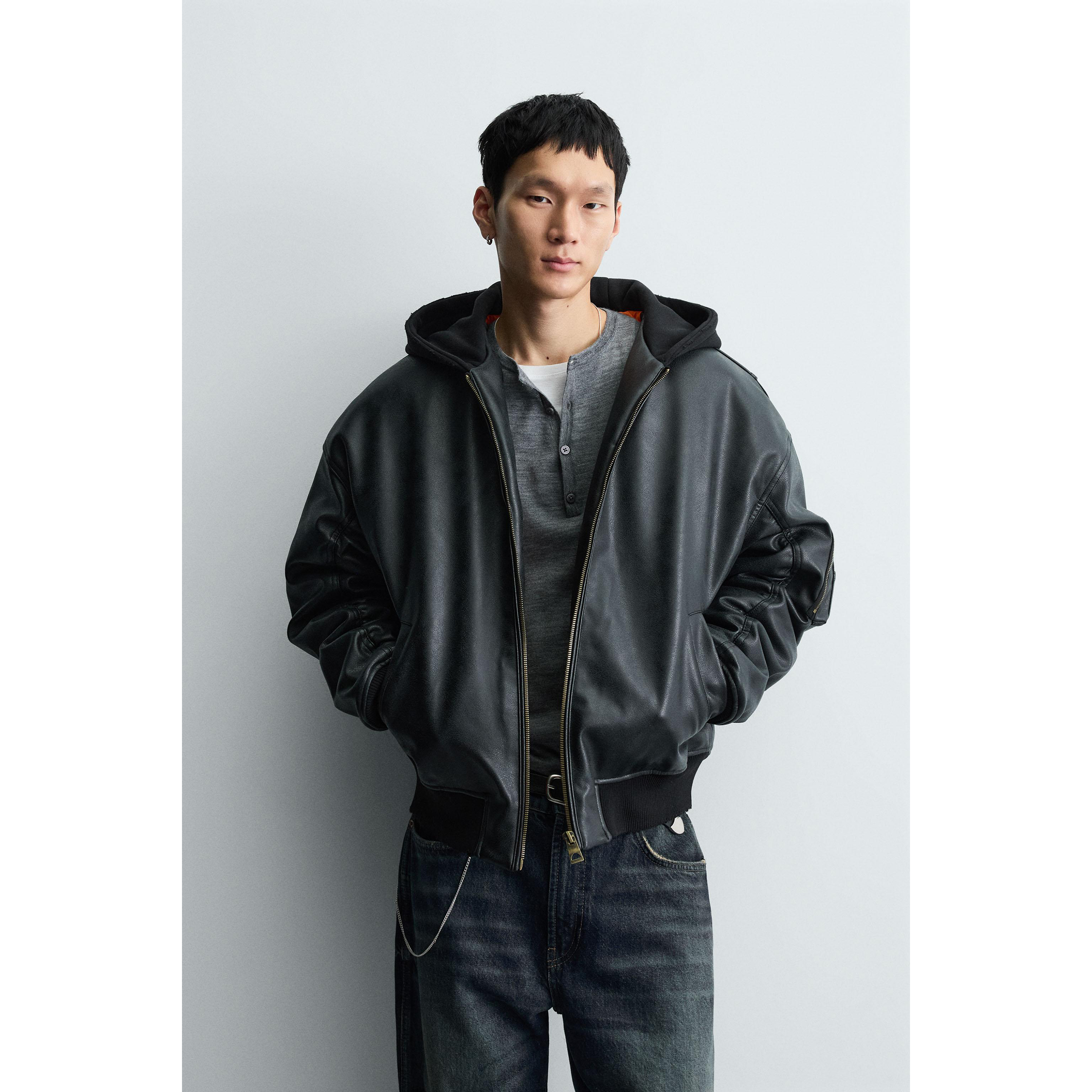 柜799！25 冬季新品 男装 宽松拼接连帽仿皮夹克外套 8491706 800