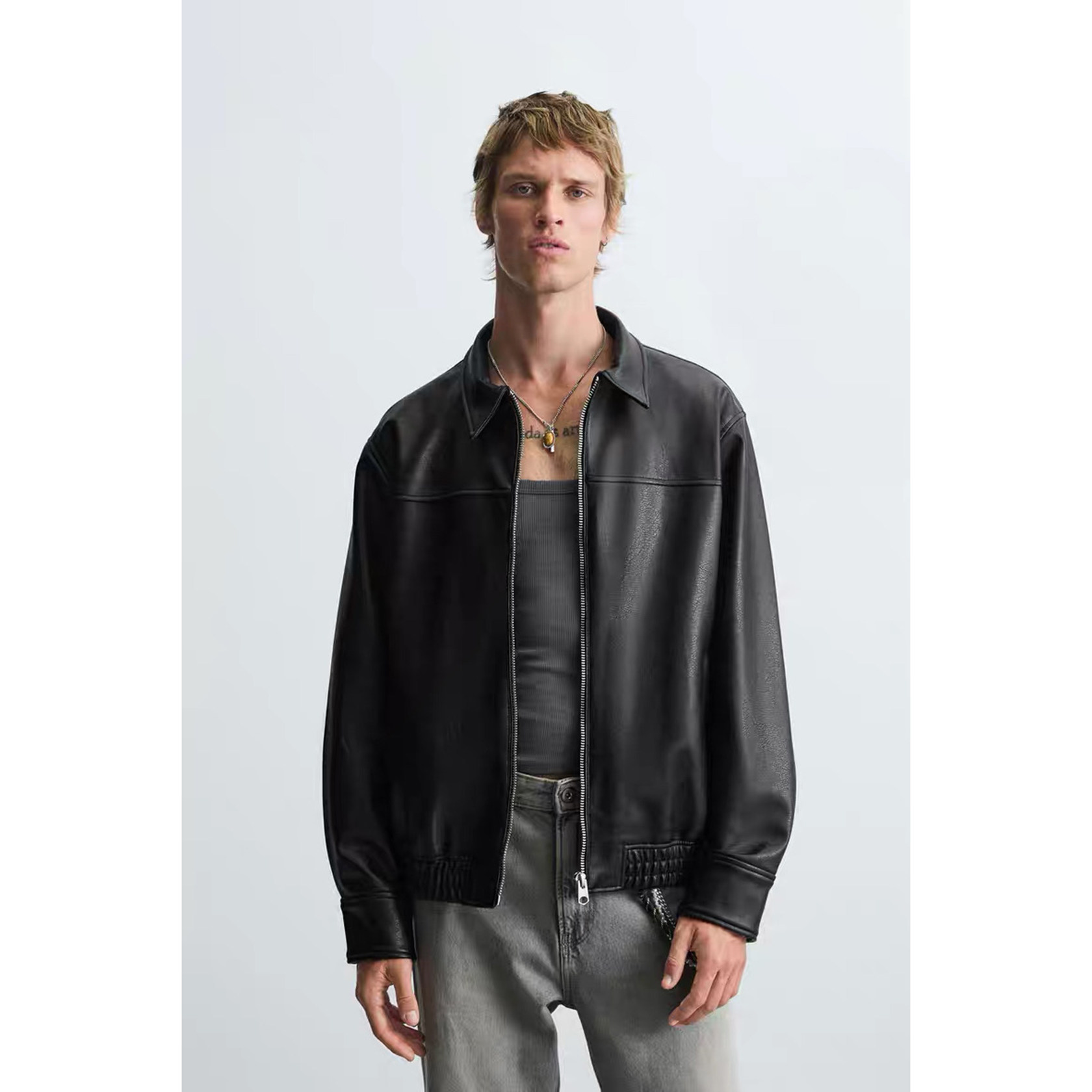 ZA 2025 夏季新品 男装 宽松仿皮飞行员拉链夹克外套 4027400 800