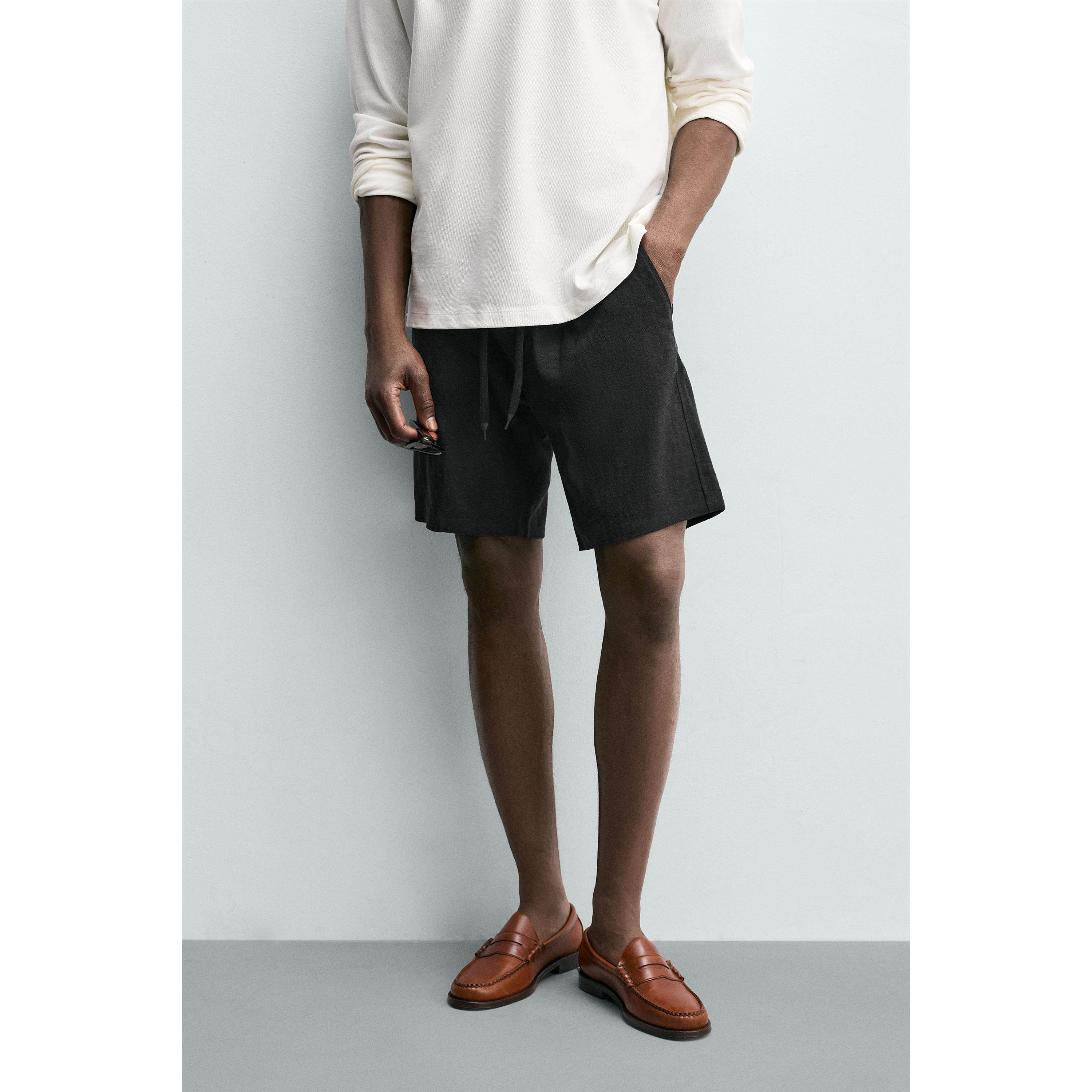 柜299！ZA 春夏新品 男装 粘纤亚麻宽松版型休闲短裤 1437404 800