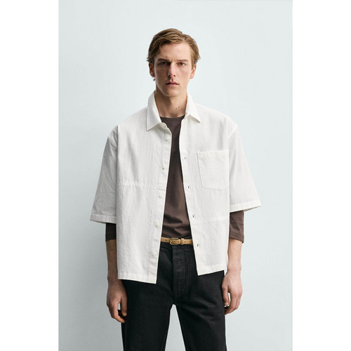 柜399！ZA 春夏新品 男装 白色棉质宽松翻领短袖衬衫 7545738 250