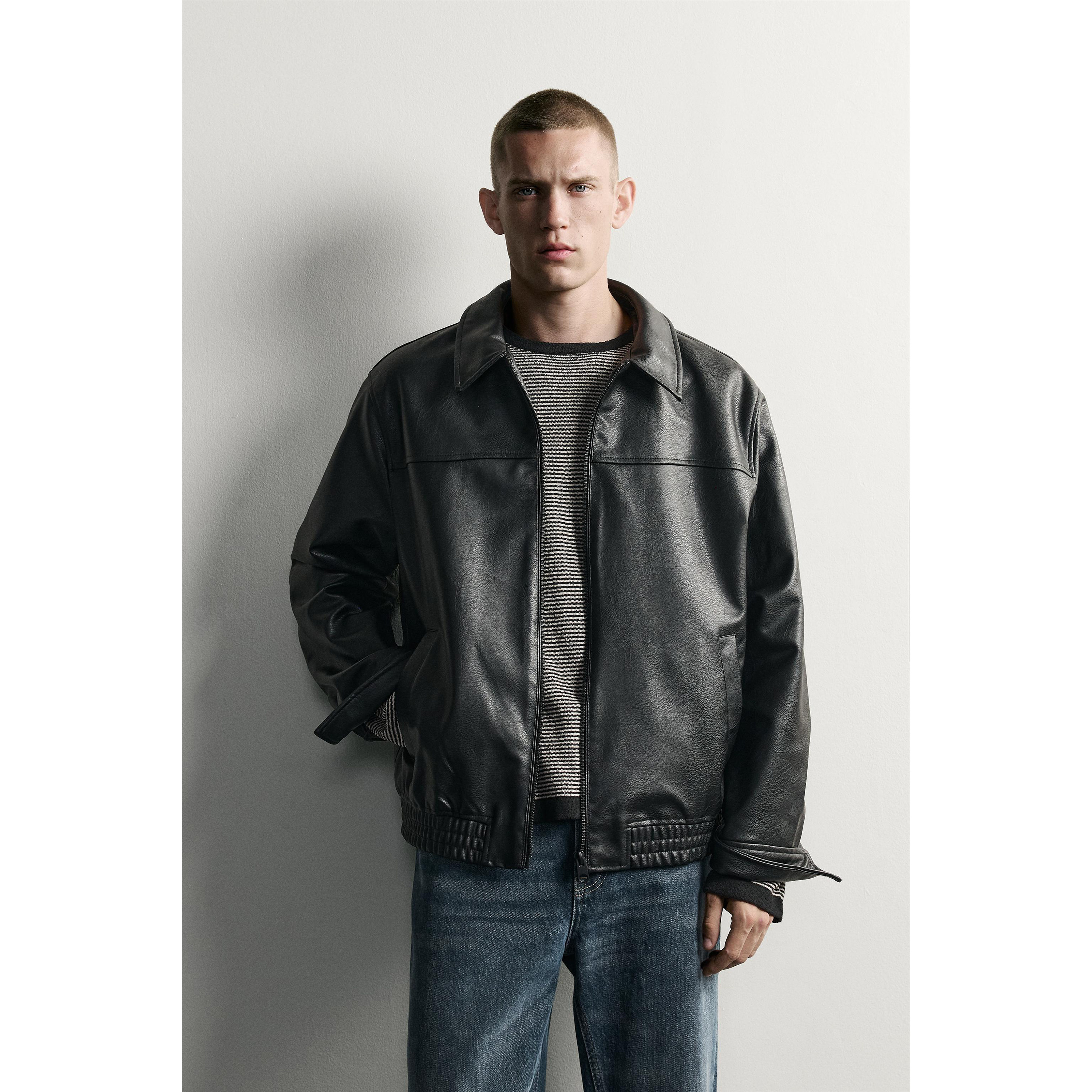 柜429！ZA 早秋新品 男装 宽松皮革效果拉链夹克外套 4027800 800