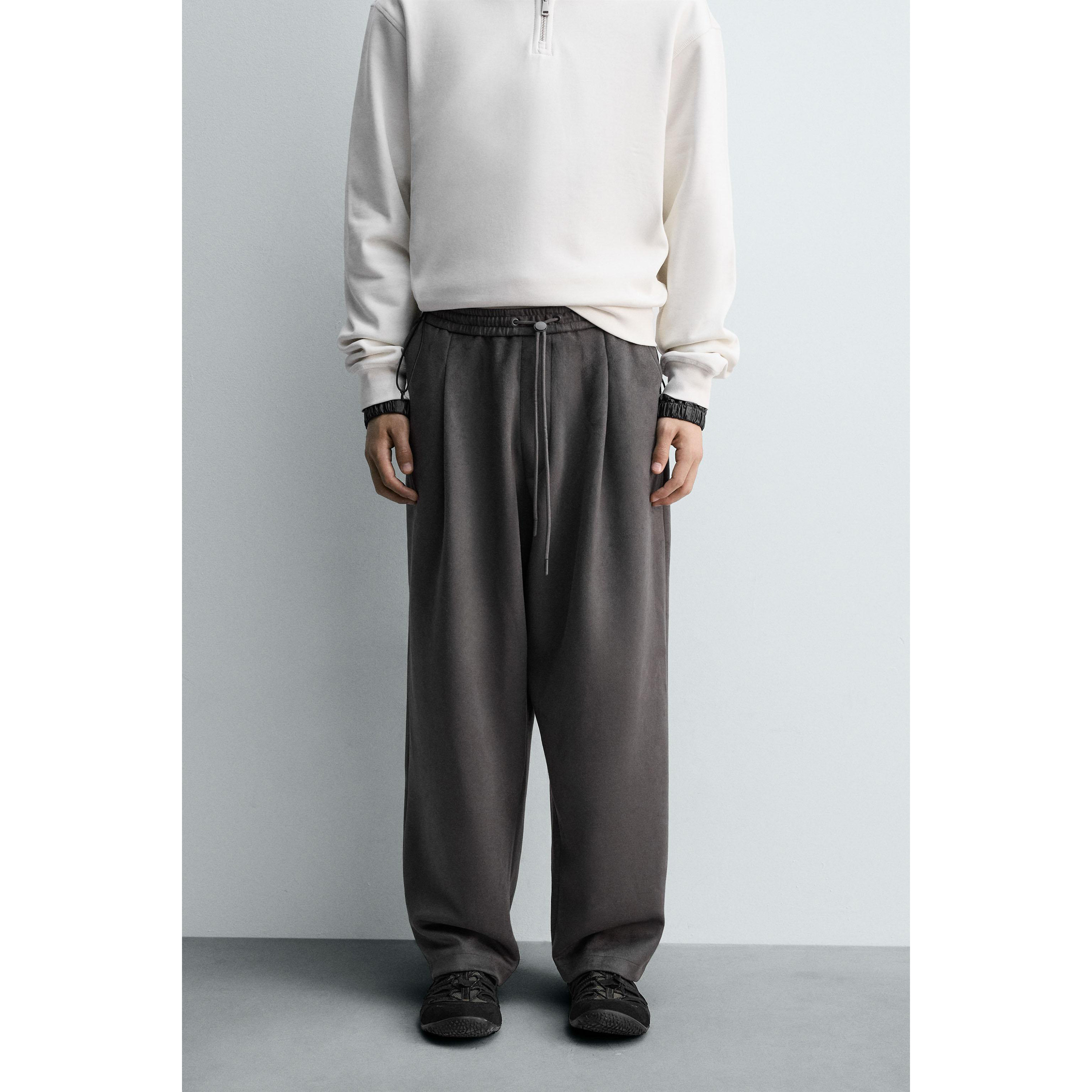 ZA 2025 秋季新品 男装 反绒皮效果宽松阔腿系带褶裤 3046385 802