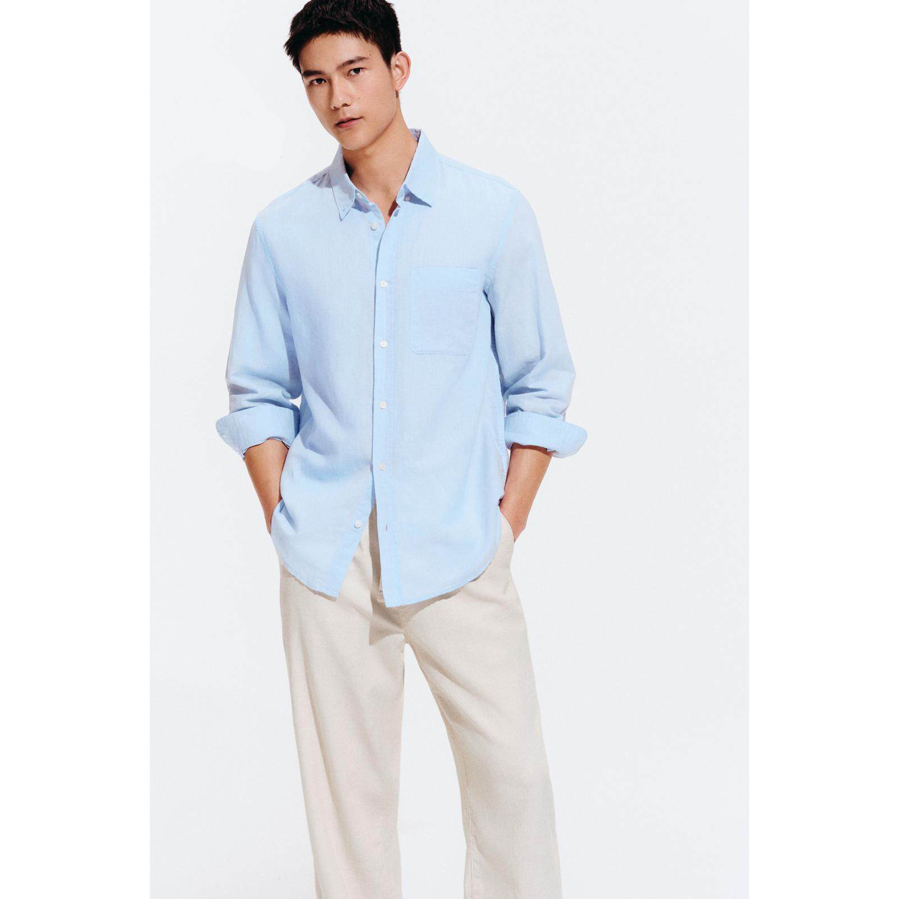 柜329!ZA26春夏新品 男装 修身直筒棉麻混纺长袖衬衫1063411 403