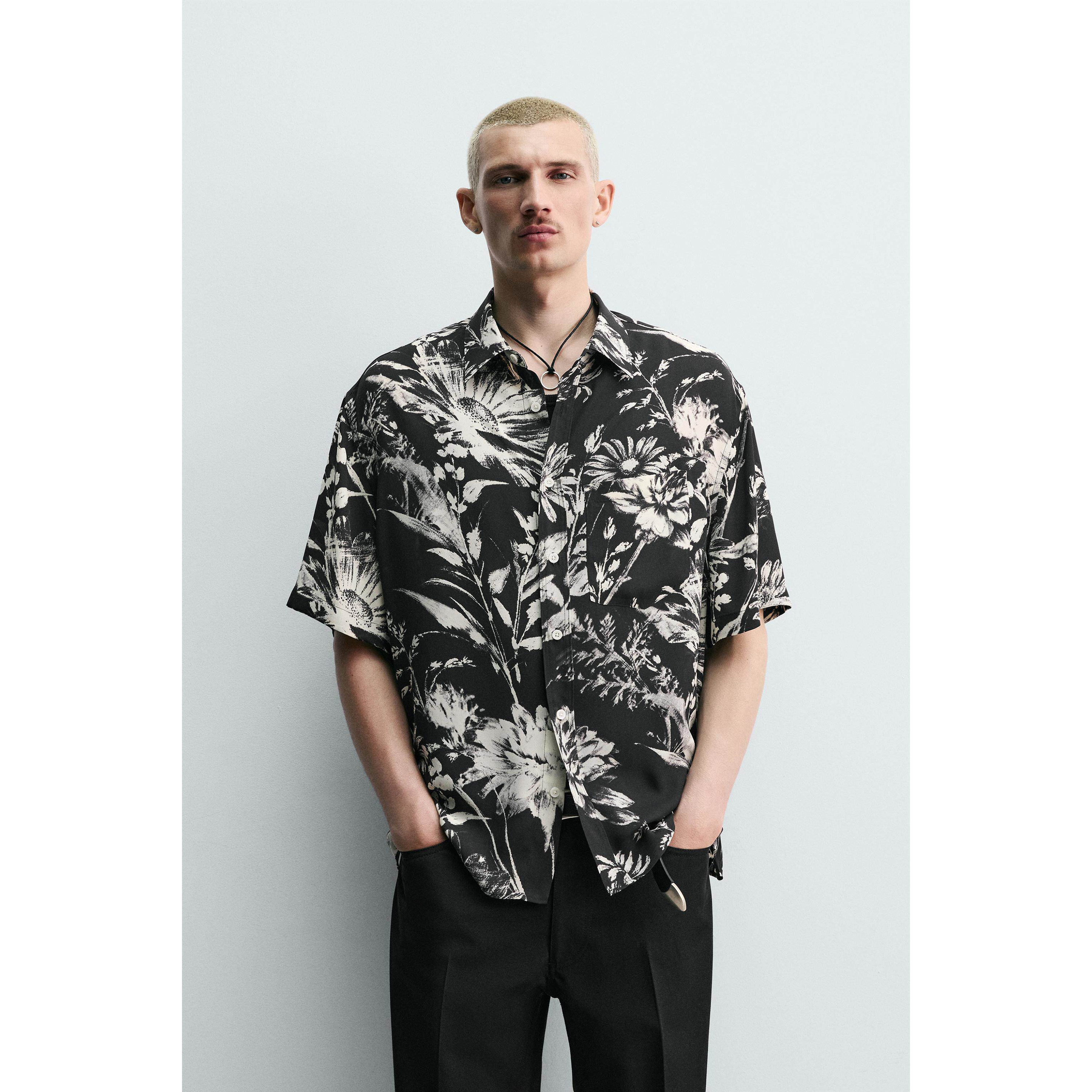 柜329!ZA 夏季新品 男装 轻盈花朵印花宽松短袖衬衫 1113671 800