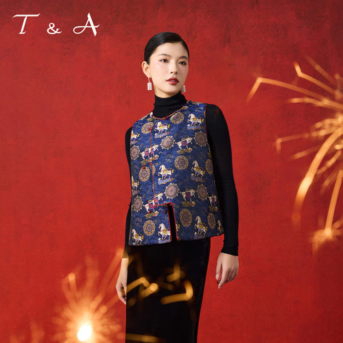T&A钱小萍非遗宋锦新中式马上有福夹棉马甲秋冬马夹厚款