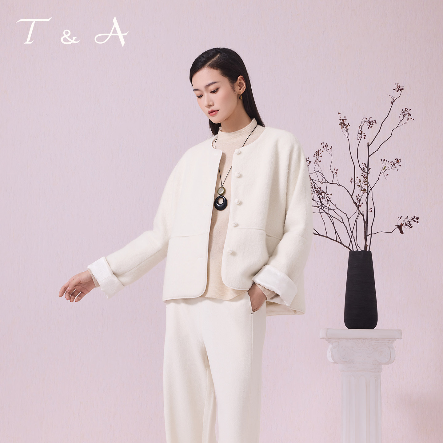 T&A新中式宽松圆领盘扣大衣秋季新款