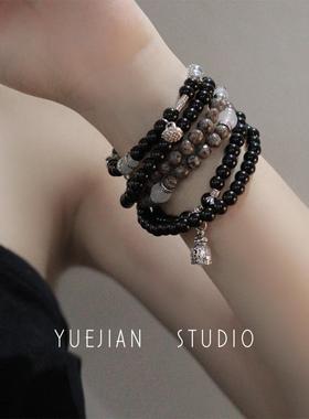 YUEJIAN半城纱~山鬼花钱醒狮双层黑色串珠手链新中式复古小众手饰