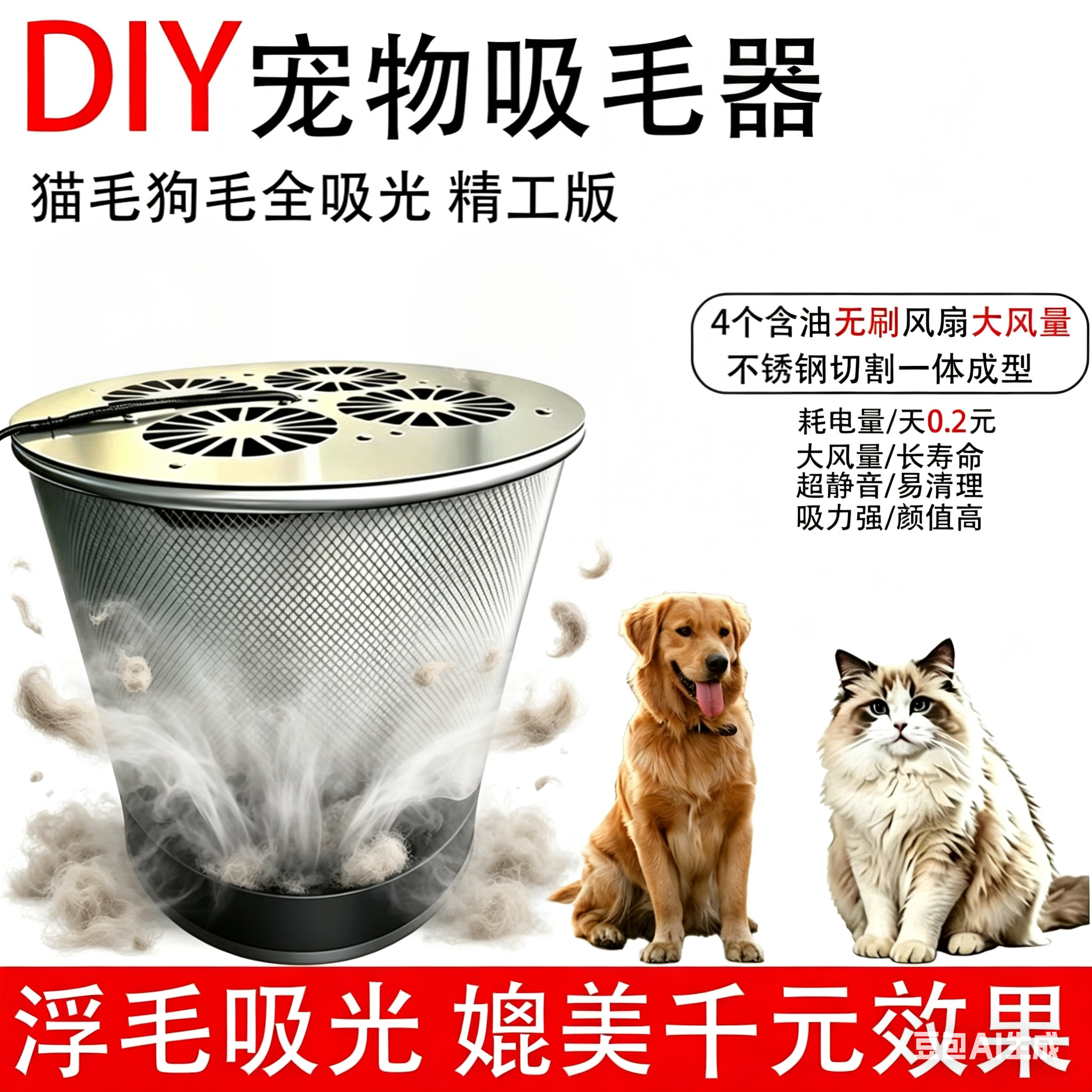 DIY不锈钢宠物吸毛器空气净化器全自动浮毛吸附神器吸狗猫毛工具