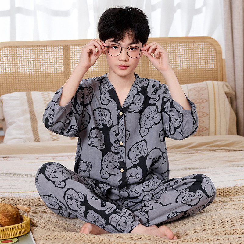 青少年夏季棉绸睡衣男童男孩七分袖绵绸空调服大童家居服薄款套装