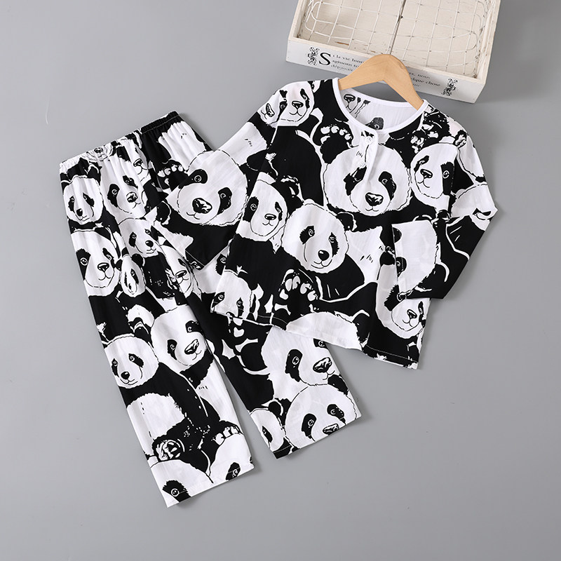 儿童夏季睡衣男童男孩空调家居服薄款长袖棉绸宝宝女童绵绸套装