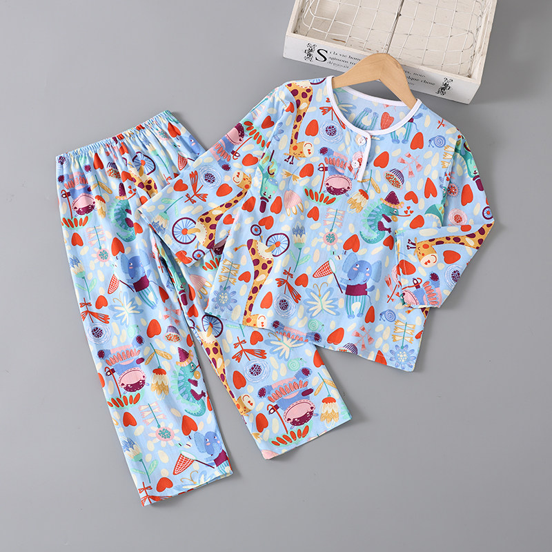 夏季男童女童家居服长袖薄款棉绸睡衣宝宝女孩儿童绵绸空调服套装