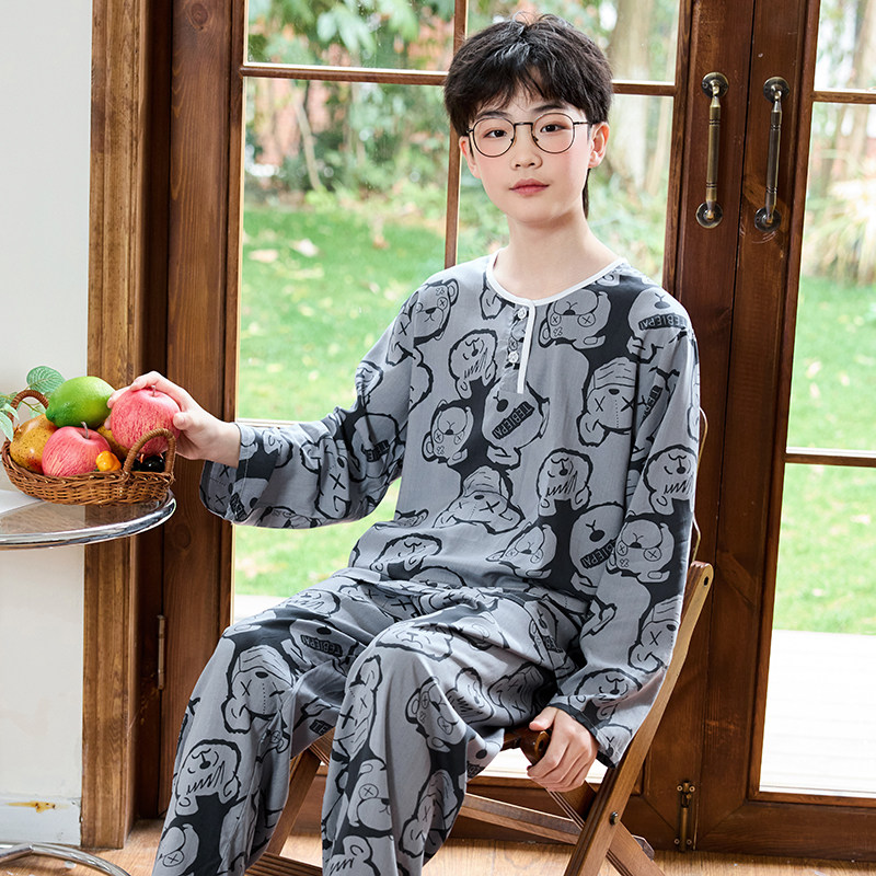 夏季薄款男童棉绸睡衣长袖儿童绵绸空调服女童女孩宝宝家居服套装