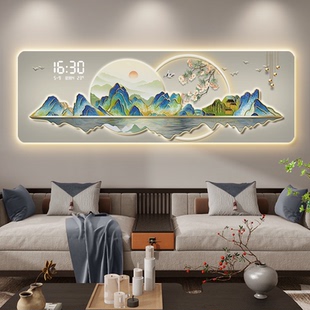 千里江山圖客廳掛畫(huà)新中式 飾畫(huà)電子時(shí)鐘壁畫(huà) 鐘表掛鐘沙發(fā)背景墻裝