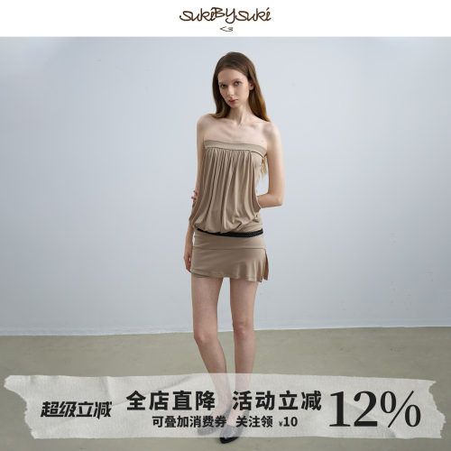 立体褶天丝一字抹胸显瘦连衣裙