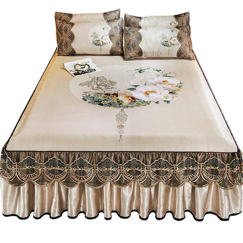 夏天带床裙夏凉席冰丝席三件套欧式荷叶边床单席子床罩款夏季防滑