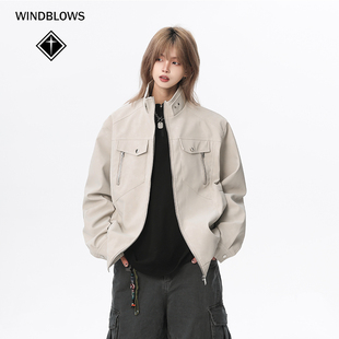 WIND BLOWS美式复古立领工装夹克2026春秋季男女装PU皮衣夹棉外套