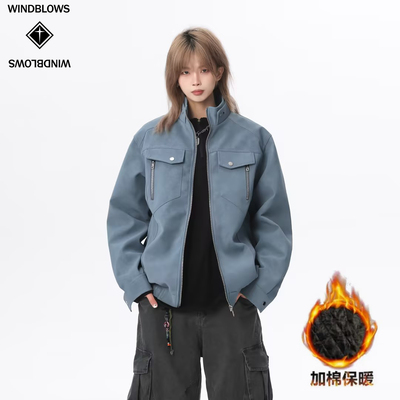 WIND BLOWS立领皮衣加棉加厚夹克新款男女同款PU皮衣外套2025冬装