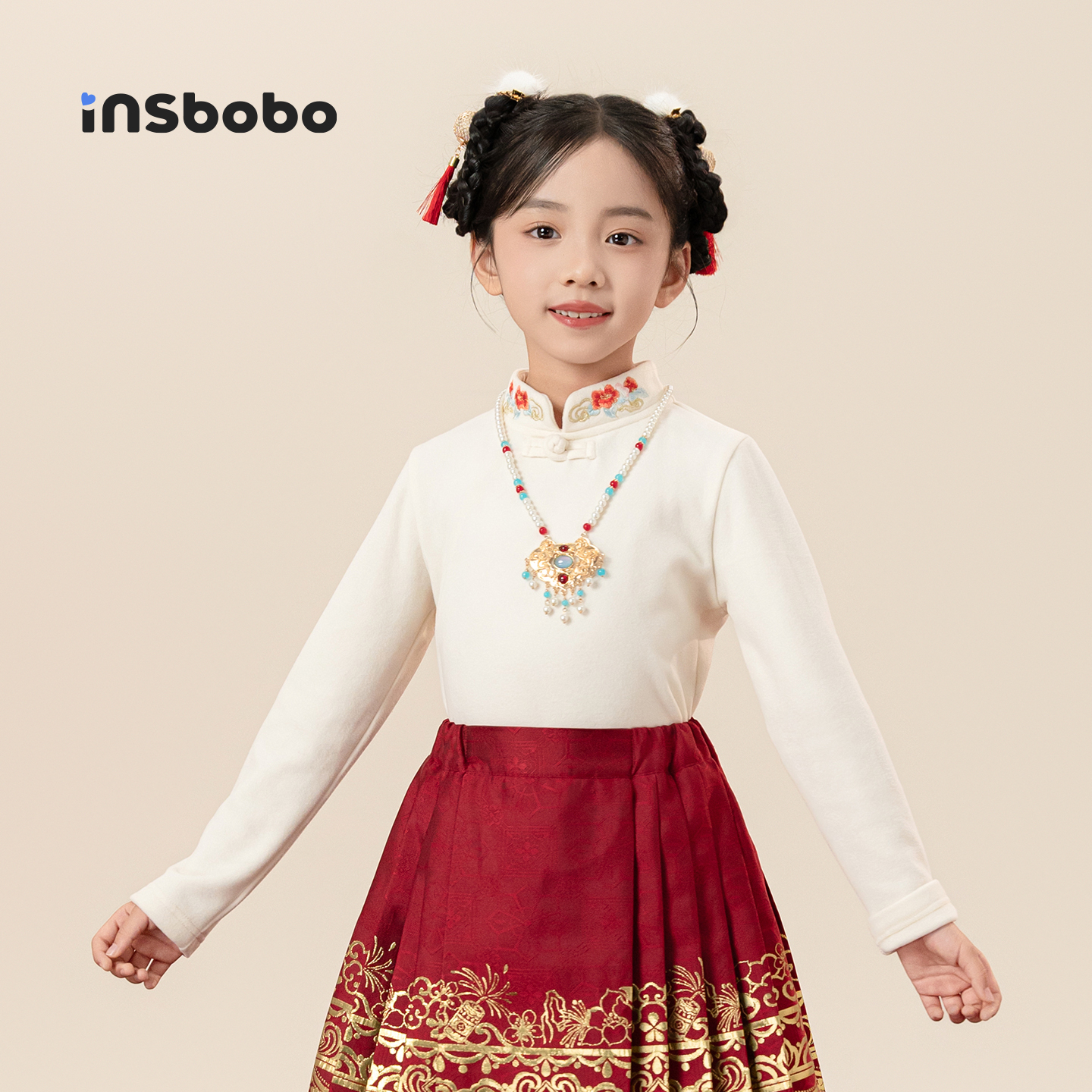 INSbobo儿童唐装立领绣花打底衫