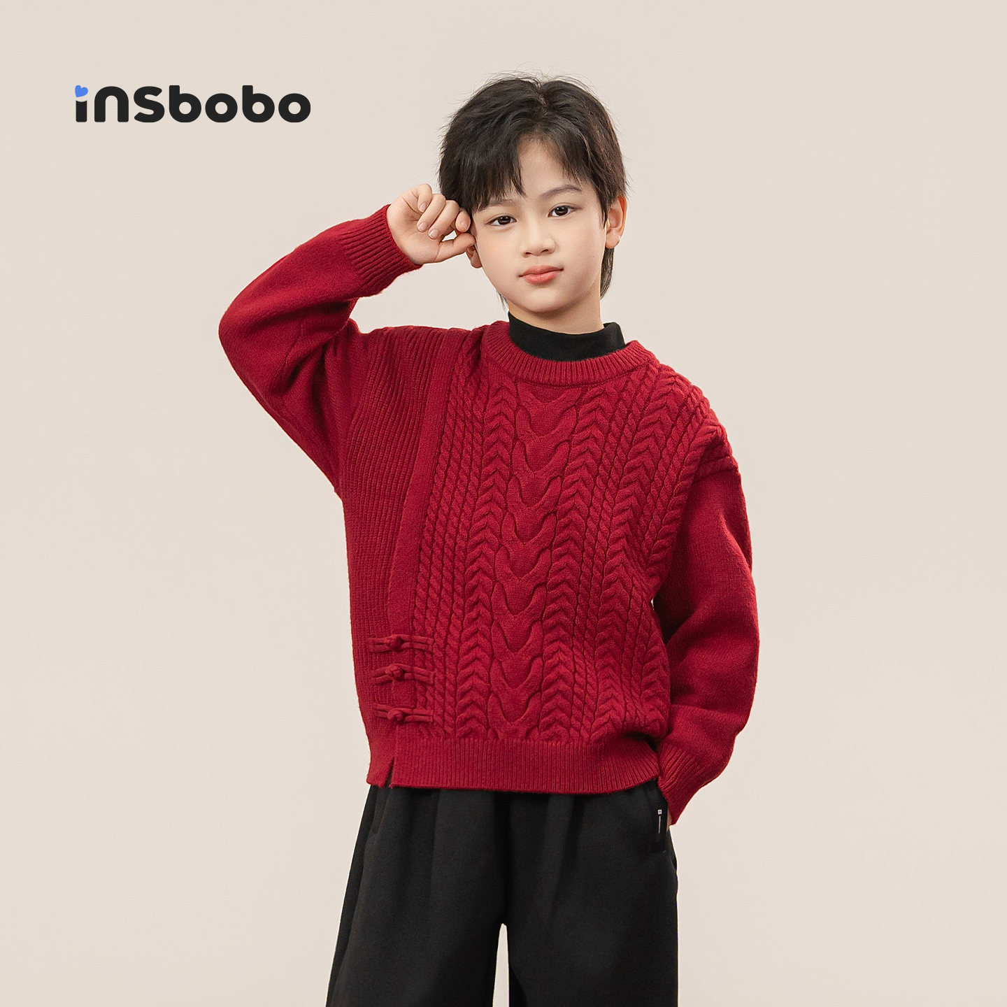 INSbobo儿童毛衣绞花盘扣毛衣