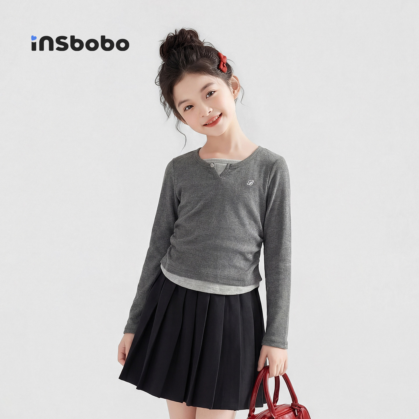 INSbobo童装女童长袖t恤春装新款儿童打底衫女孩假两件上衣中大童