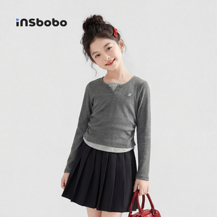 INSbobo童装女童长袖t恤春装新款儿童打底衫女孩假两件上衣中大童