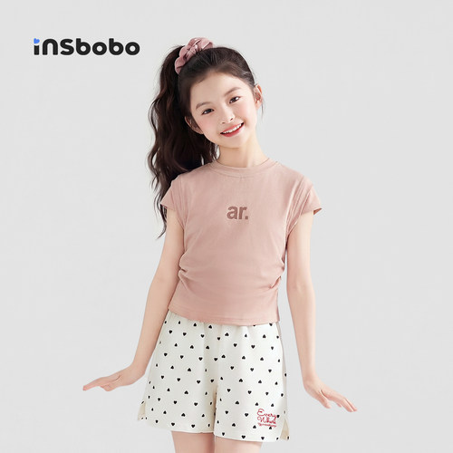 INSbobo儿童T恤纯色字母抽褶T恤