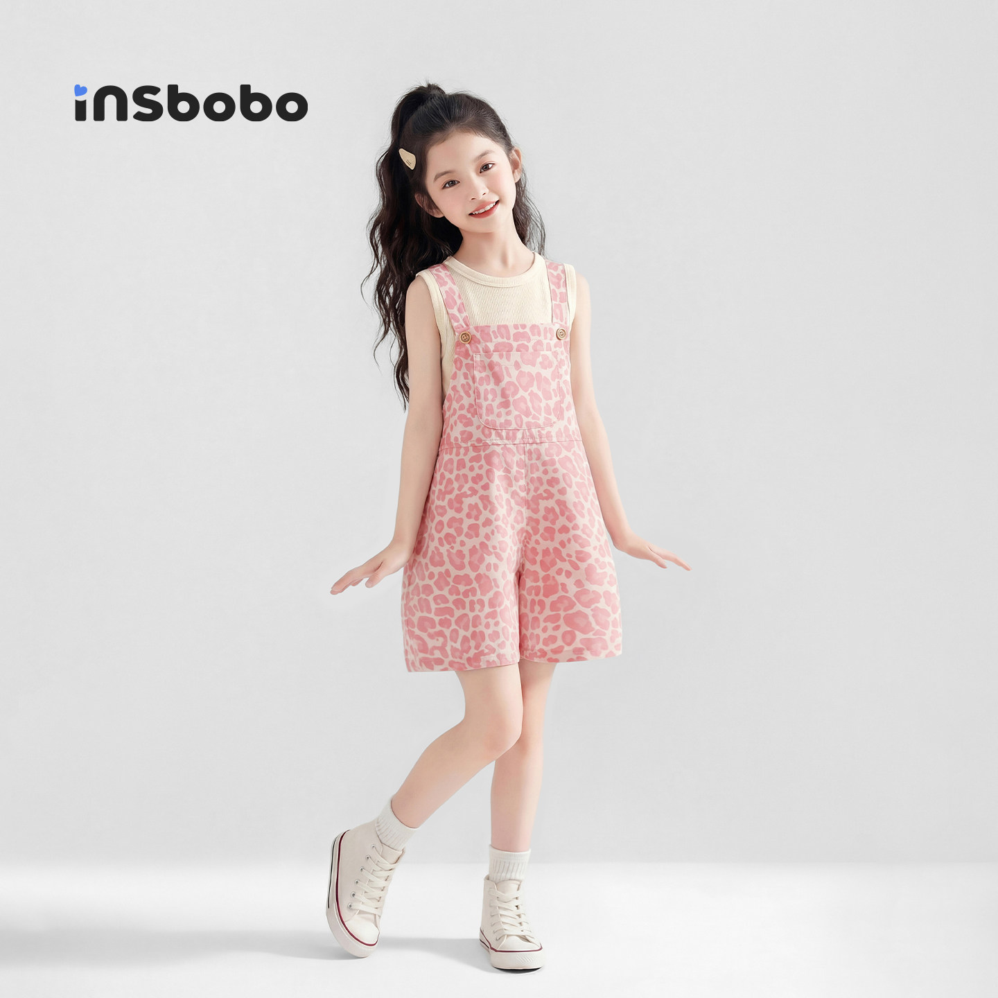 INSbobo童装女童套装儿童豹纹背带裤夏季新款上衣两件套夏装衣服