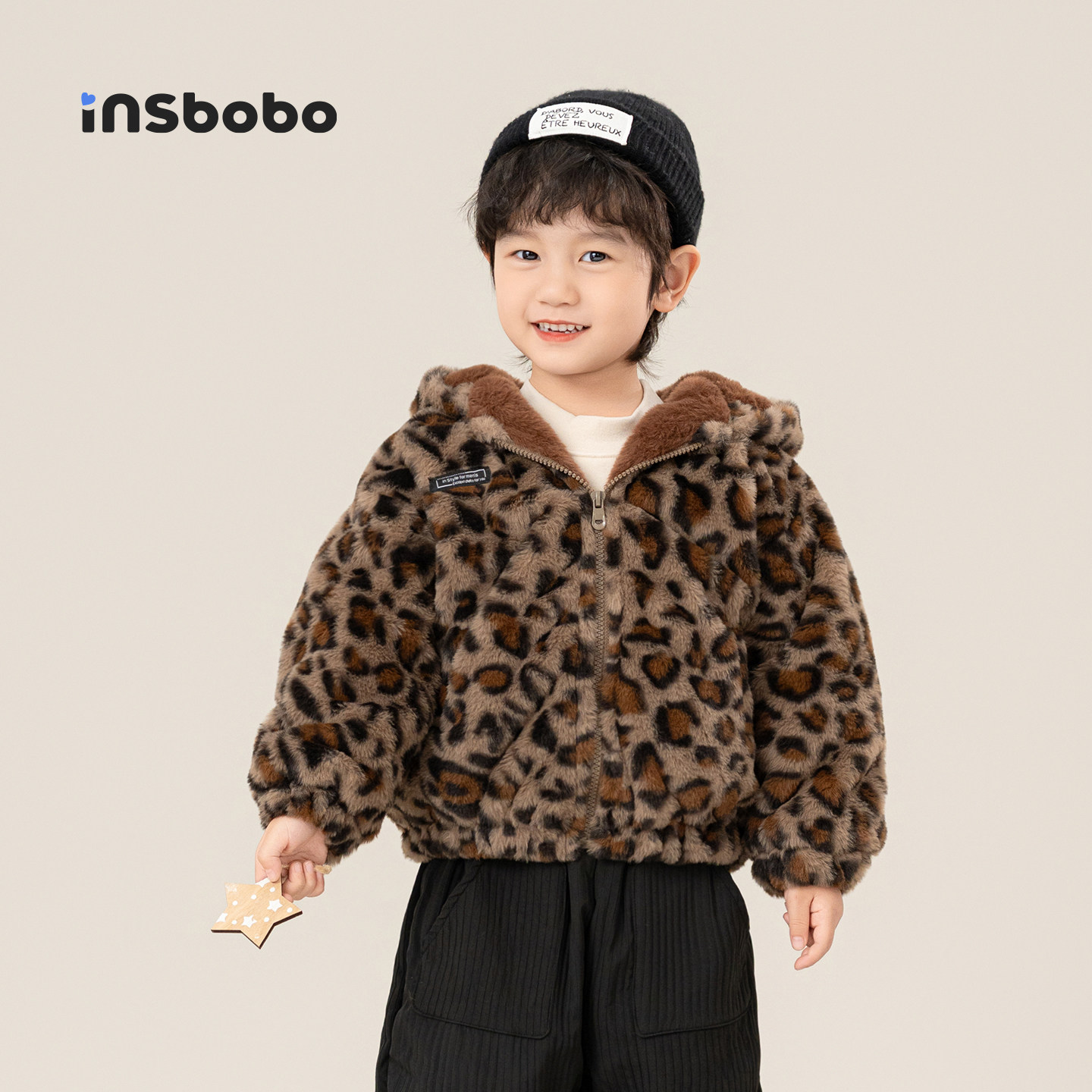 INSbobo儿童外套豹纹毛绒外套