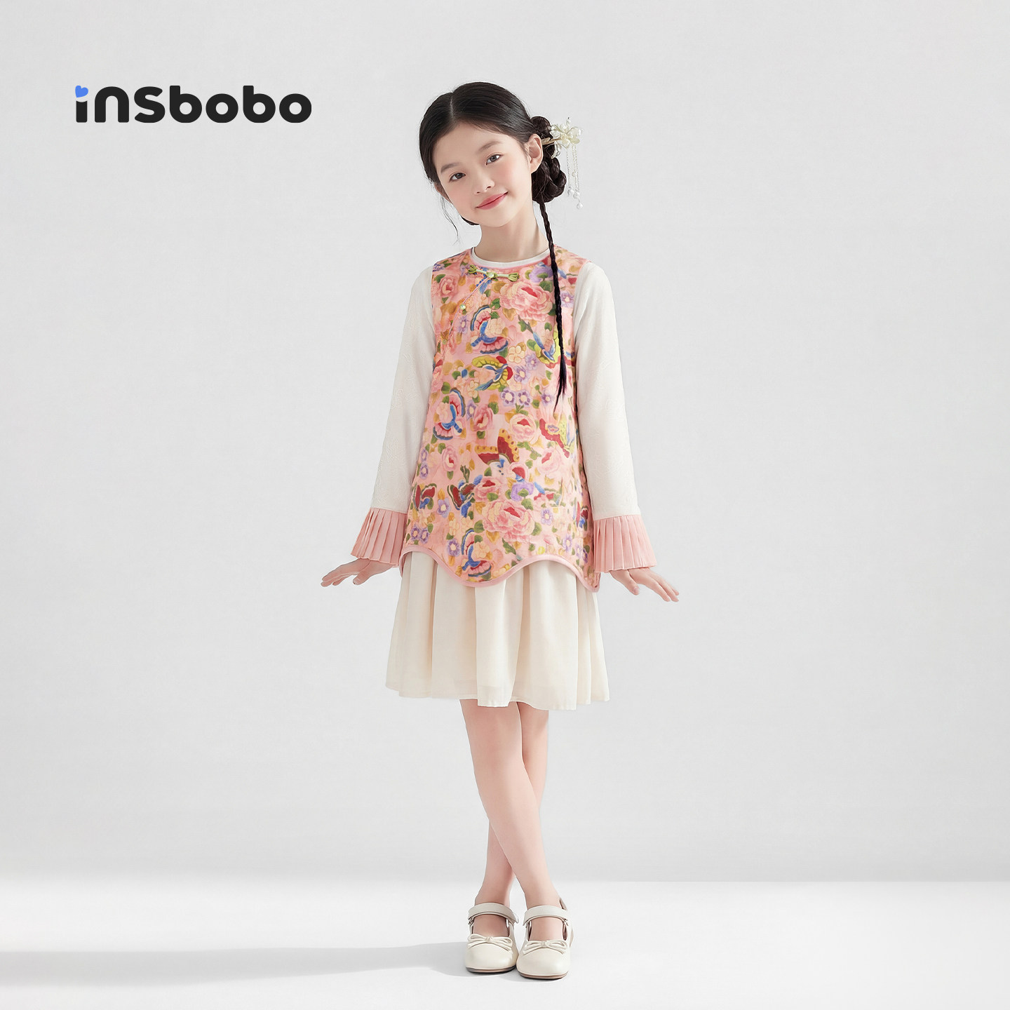 INSbobo童装女童国风连衣裙套装2026春装儿童新中式衣服女孩裙子