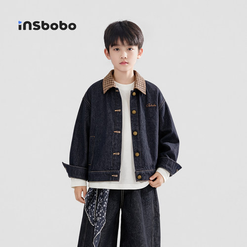 INSbobo儿童外套格子牛仔外套